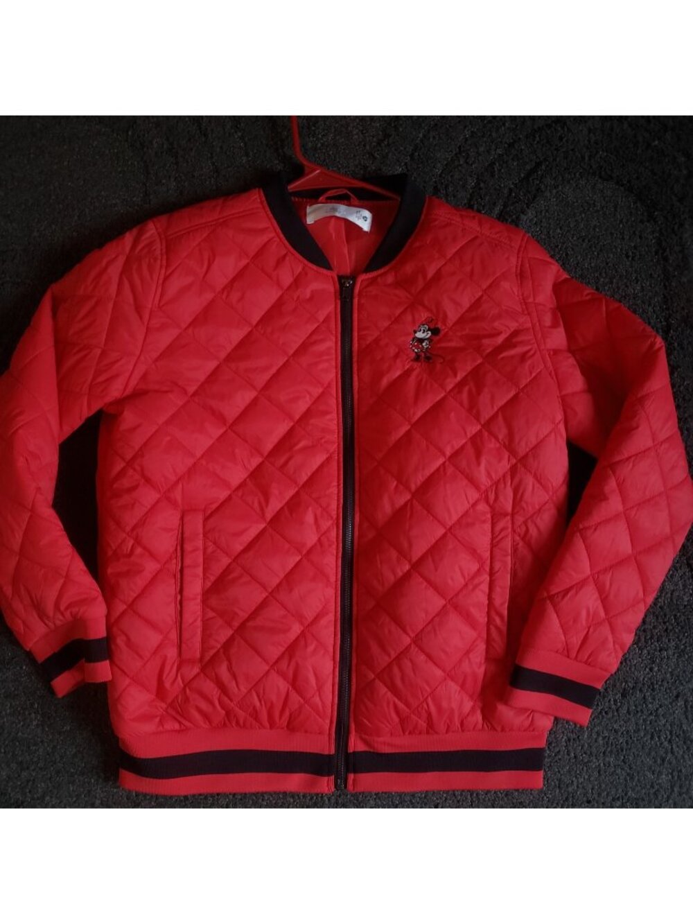 Disney Minnie Mouse Red Quilted Bomber Jacket Black Trim Women's Size Medium